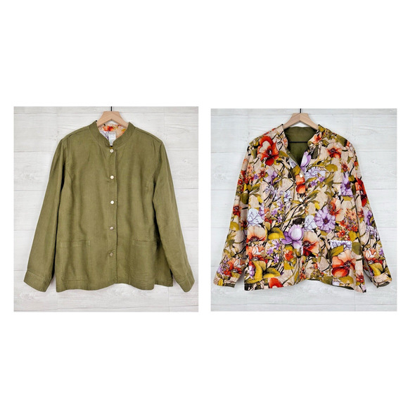 Chico's Jackets & Blazers - Chico's 100% Linen Jacket Plus Size 20-22‎ Reversible Floral Olive Green Pockets
